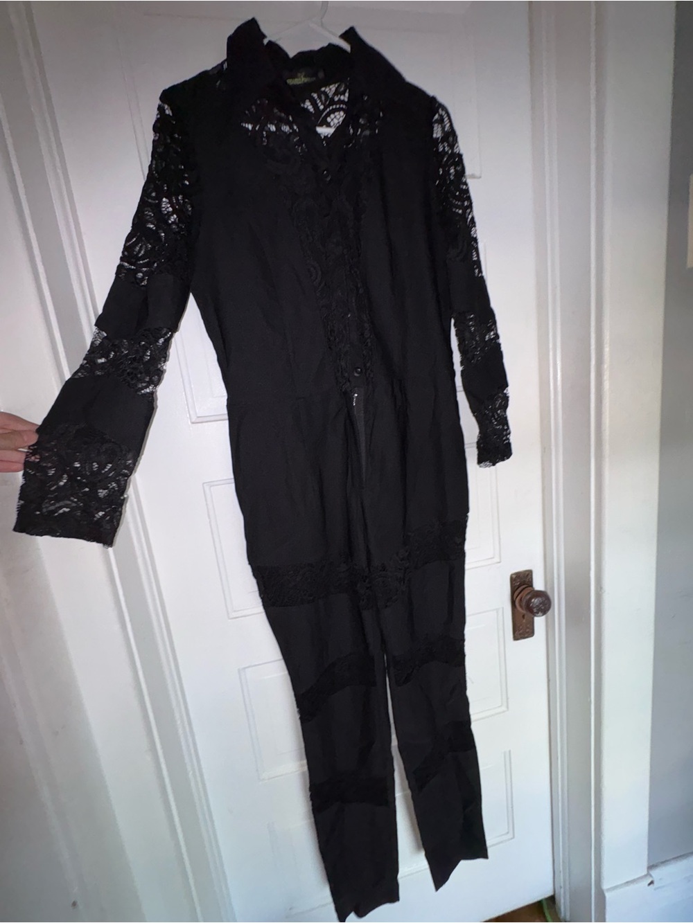 Black Lace-Trim Long-Sleeve Jumpsuit - Women's